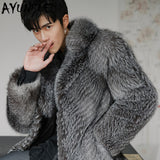 AYUNSUE Winter Real Fur Coat Men Fox Fur Jacket Long Natural Silver Fox Coat Warm Luxury Jackets for Men Overcoat 18156 KJ3316